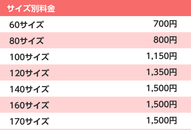 サイズ別料金 60サイズ 700円 / 80サイズ 800円 / 100サイズ 1,150円 / 120サイズ 1,350円 / 140サイズ 1,500円 / 160サイズ 1,500円 / 170サイズ 1,500円